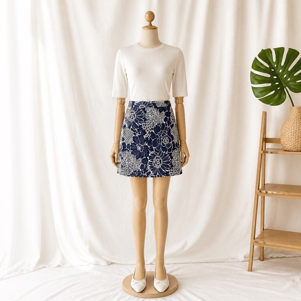 Talbots Navy Blue White Floral Cotton Blend Mini Skirt Tropical Summer Preppy 12